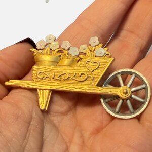 JJ Wheelbarrow Brooch Flower Garden Cart Pin – approx 1.5”